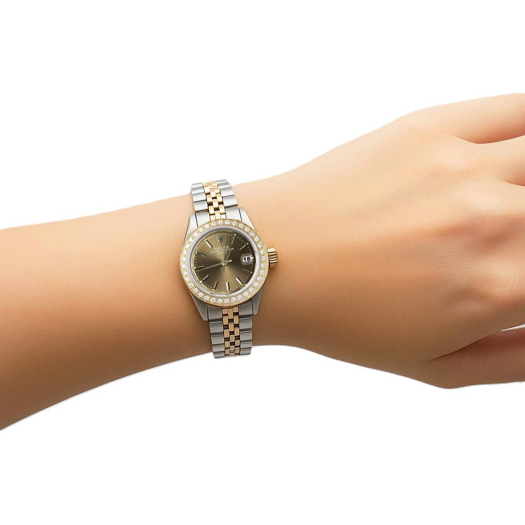 Rolex Date Champagne Stick Dial Diamond Bezel Watch Ss & Jubilee P1