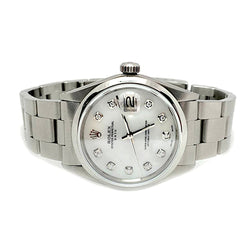 Rolex Date White Mother of Pearl Diamond Dial 34 mm Stainlesss Steel Watch