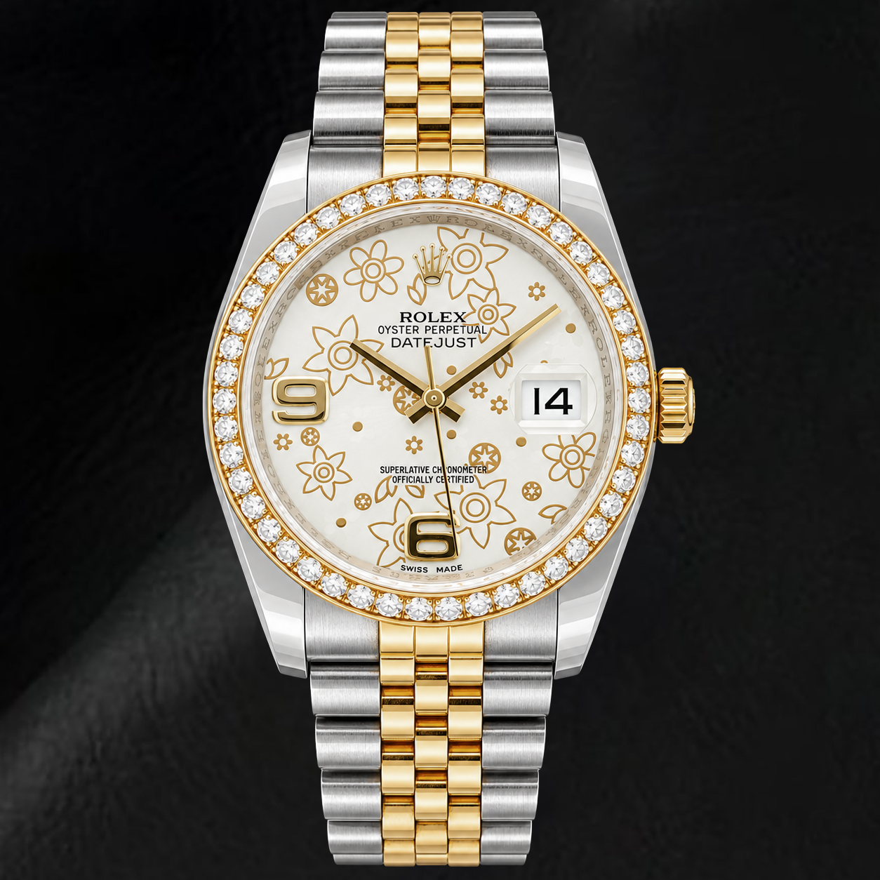 Rolex Datejust 116243 36mm White Floral Arabic Dial Two Tone Watch