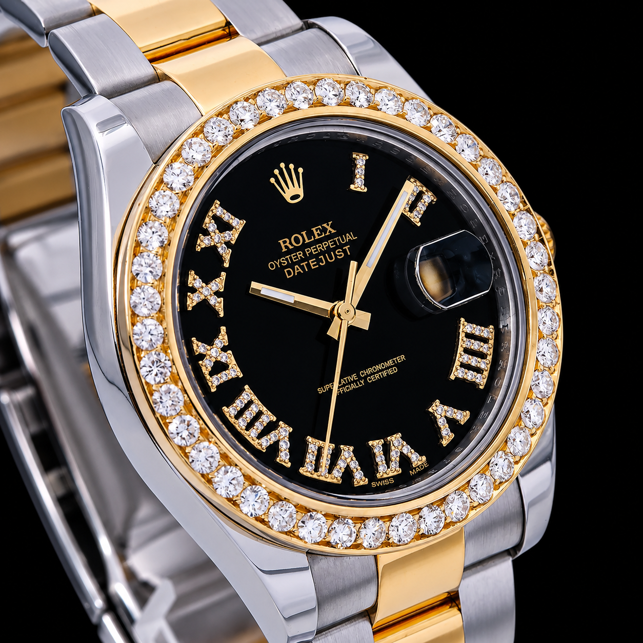 Rolex Datejust 116333 41mm Black Roman Diamond Dial Two Tone Gold Oyster Bracelet Watch