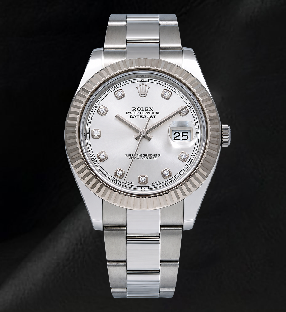 Rolex Datejust 116334 41mm Silver Diamond Dial White Gold Fluted Bezel Watch
