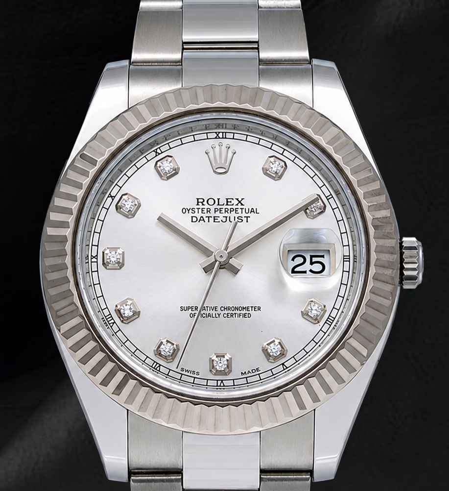 Rolex Datejust 116334 41mm Silver Diamond Dial White Gold Fluted Bezel Watch