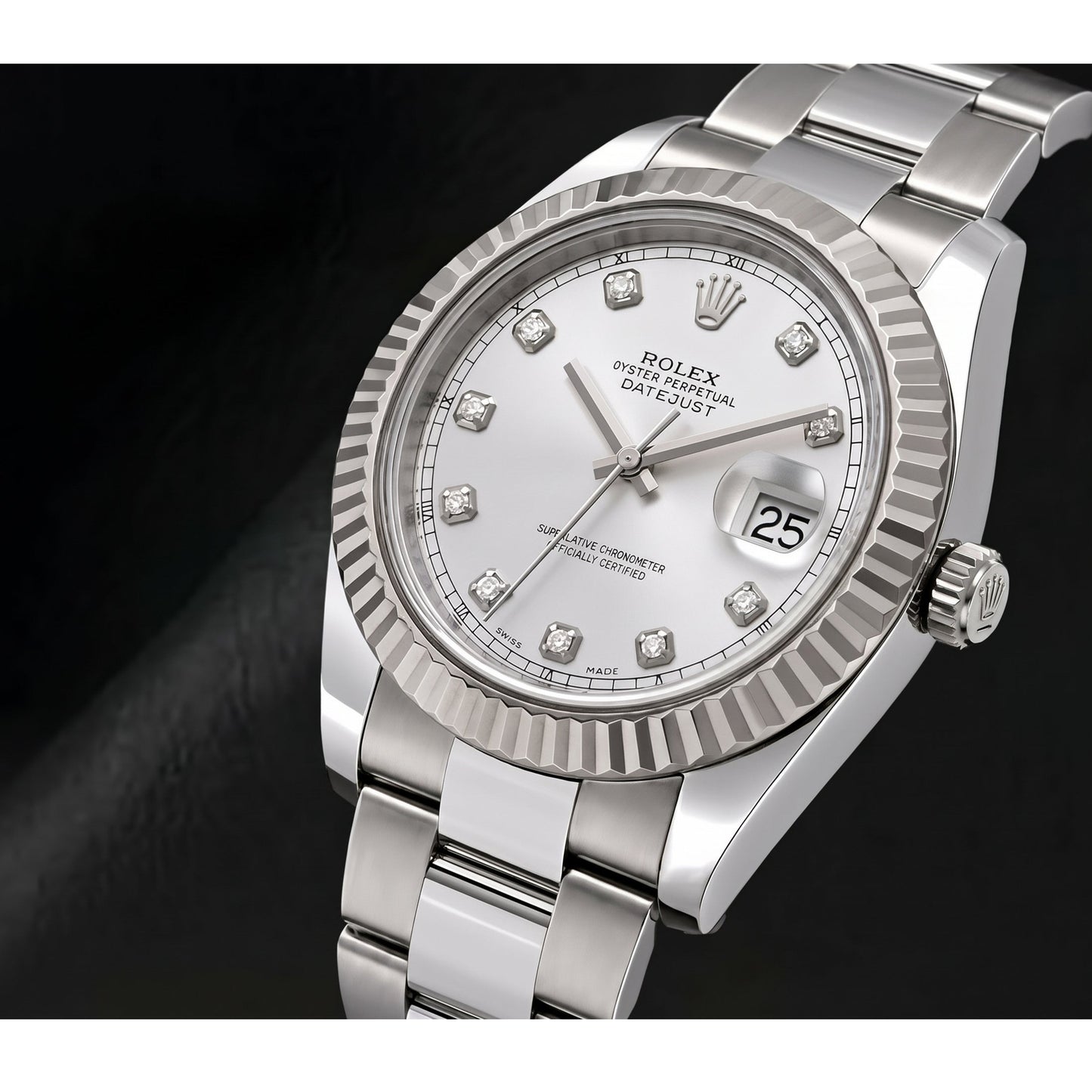 Rolex Datejust 116334 41mm Silver Diamond Dial White Gold Fluted Bezel Watch
