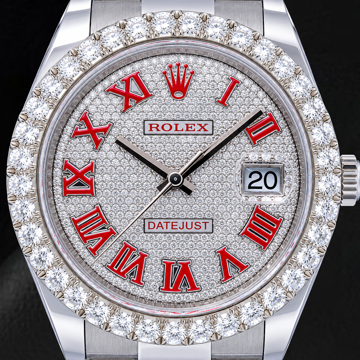 Rolex Datejust 126300 41mm Paved Diamond Red Roman Dial Stainless Steel Watch