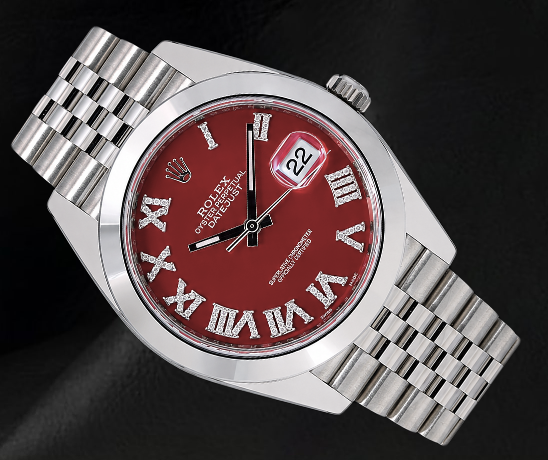 Rolex Datejust 126300 41mm Red Roman Diamond Dial Stainless Steel Watch