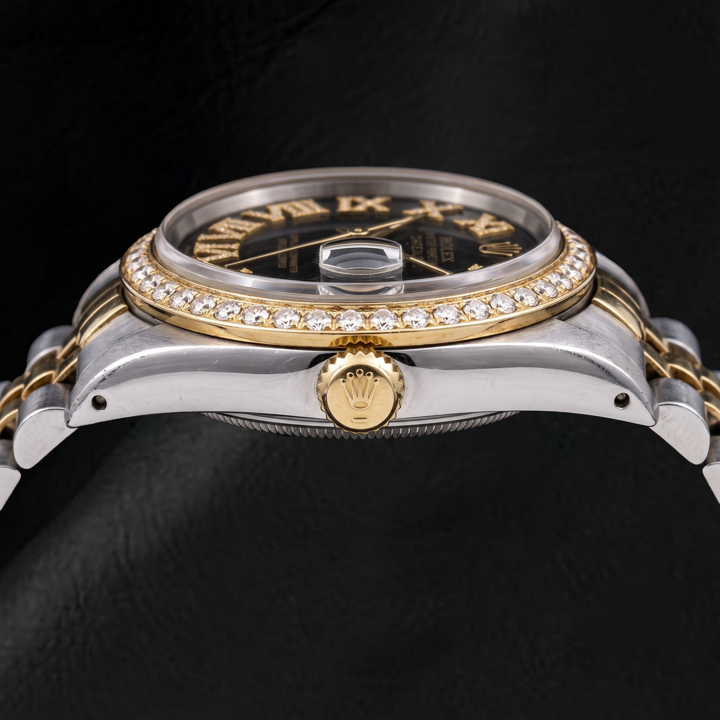 Rolex Datejust 16013 36mm Black Roman Diamond Dial Two Tone Watch