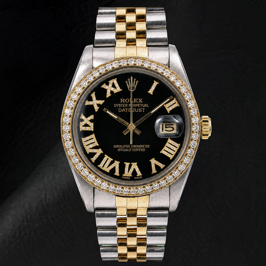 Rolex Datejust 16013 36mm Black Roman Diamond Dial Two Tone Watch