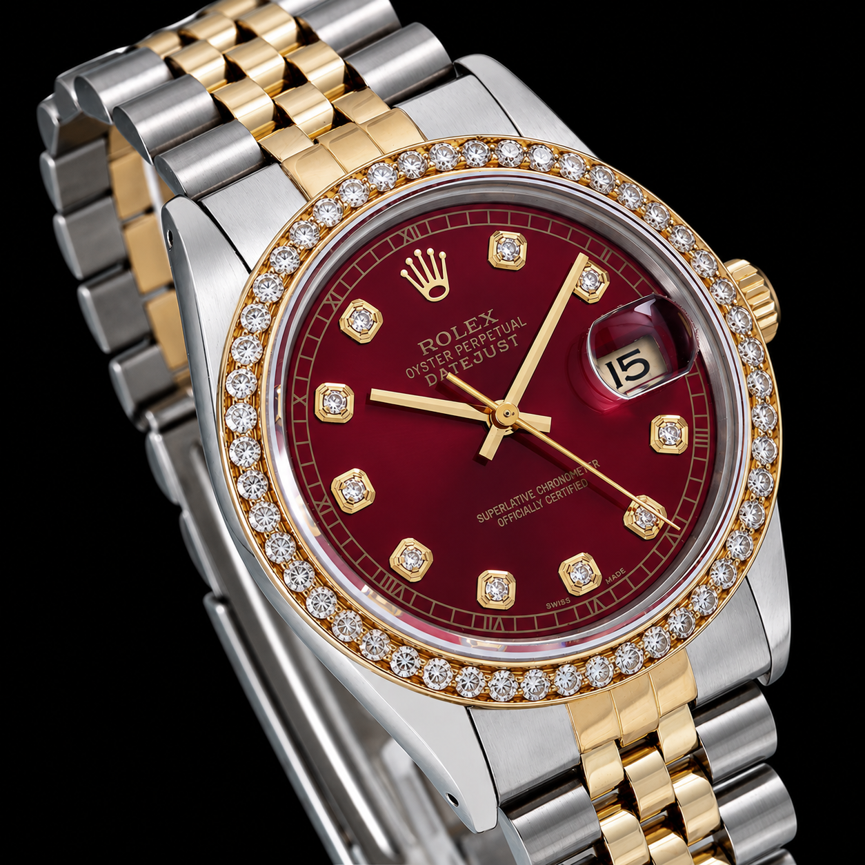 Rolex Datejust 16013 36mm Red Diamond Dial Jubilee Bracelet Two Tone Watch