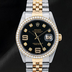 Rolex Datejust 16013 Black Arabic Diamond Dial 36mm Two Tone Watch