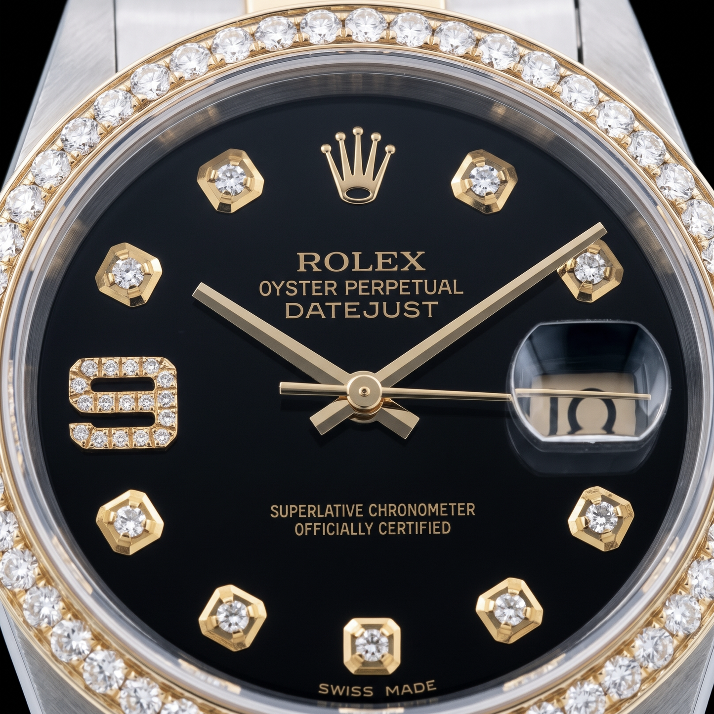 Rolex Datejust 16013 Black Arabic Diamond Dial 36mm Two Tone Watch