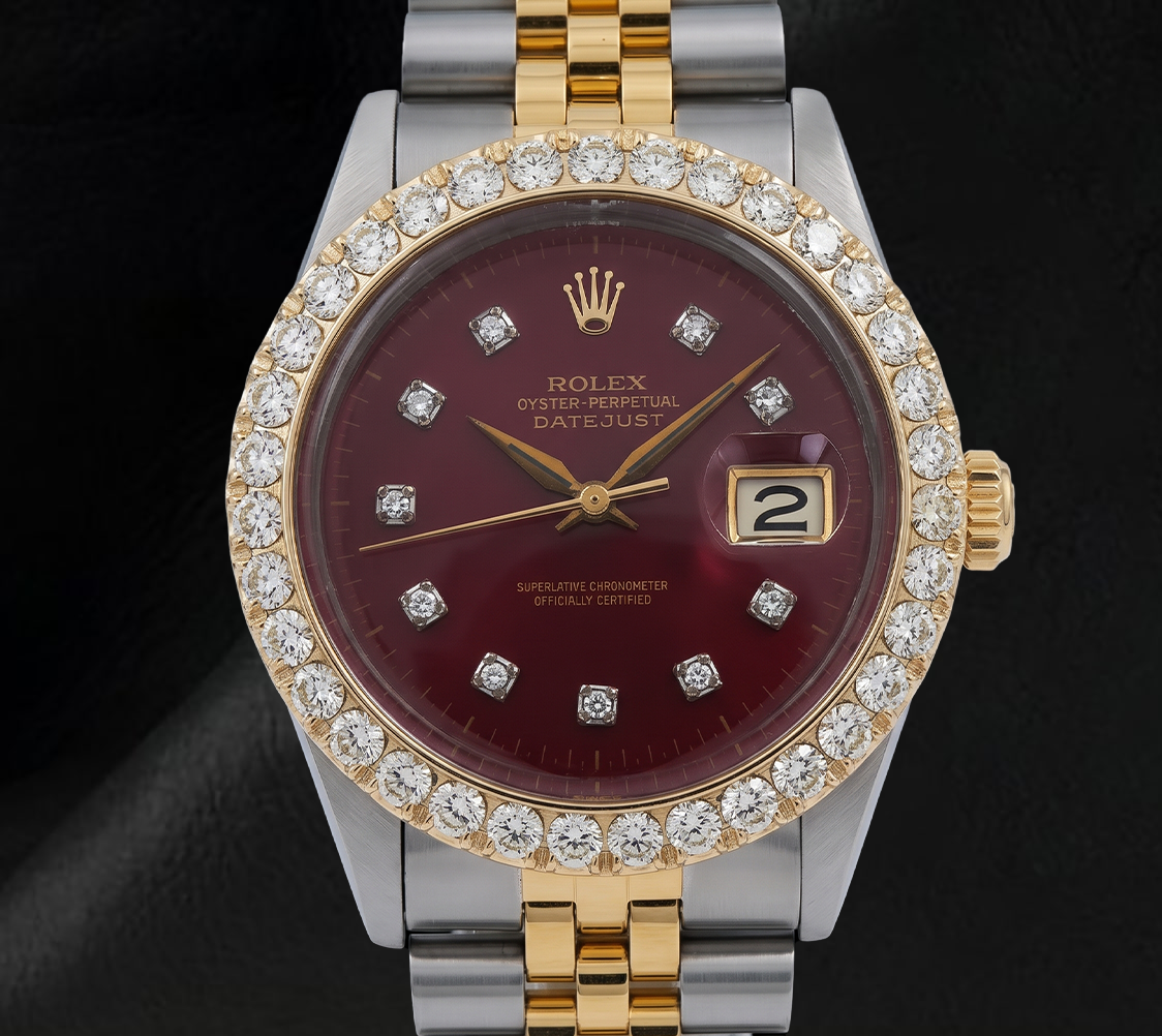 Rolex Datejust 16013 Diamond Bezel Red Diamond Dial 36mm Two Tone Watch