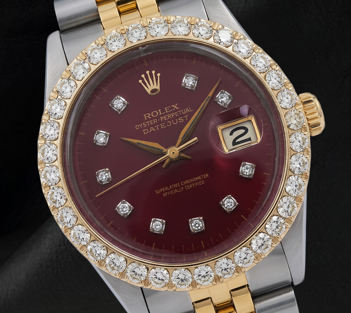 Rolex Datejust 16013 Diamond Bezel Red Diamond Dial 36mm Two Tone Watch