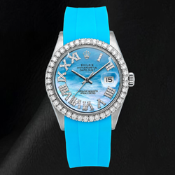 Rolex Datejust 16014 36mm Blue Mother Of Pearl Roman Diamond Dial Rubber Strap Watch