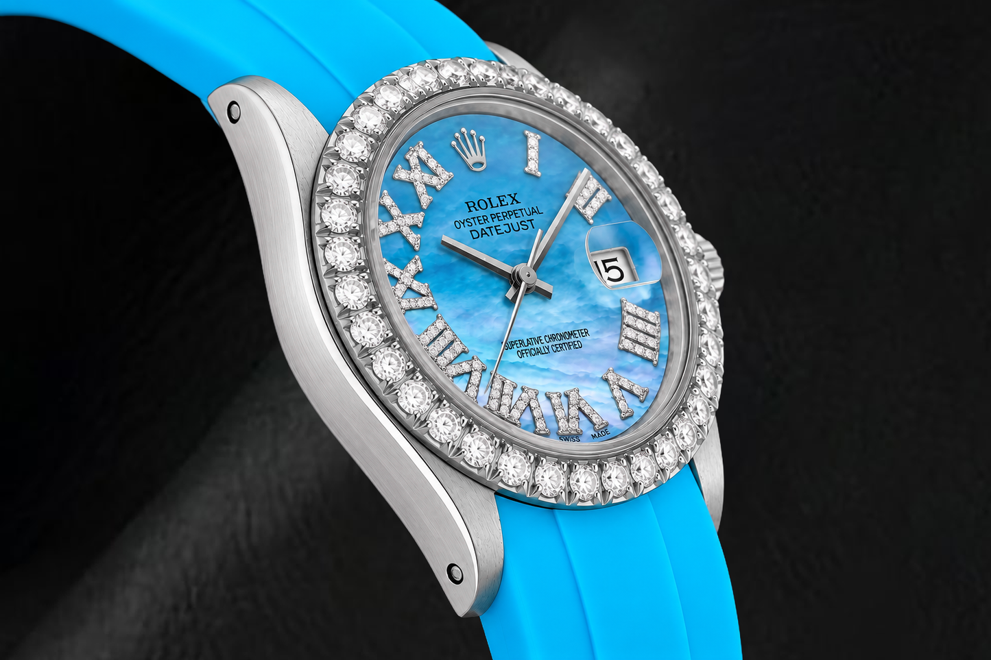 Rolex Datejust 16014 36mm Blue Mother Of Pearl Roman Diamond Dial Rubber Strap Watch