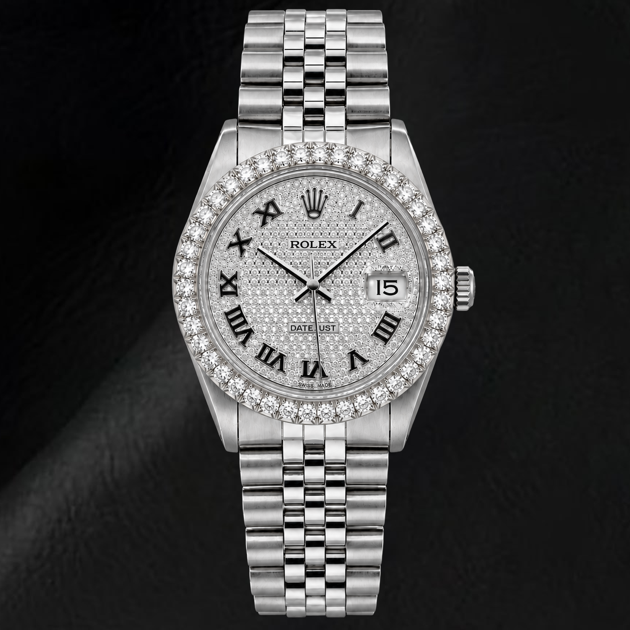 Rolex Datejust 16014 36mm Paved Diamond Roman Dial Stainless Steel
