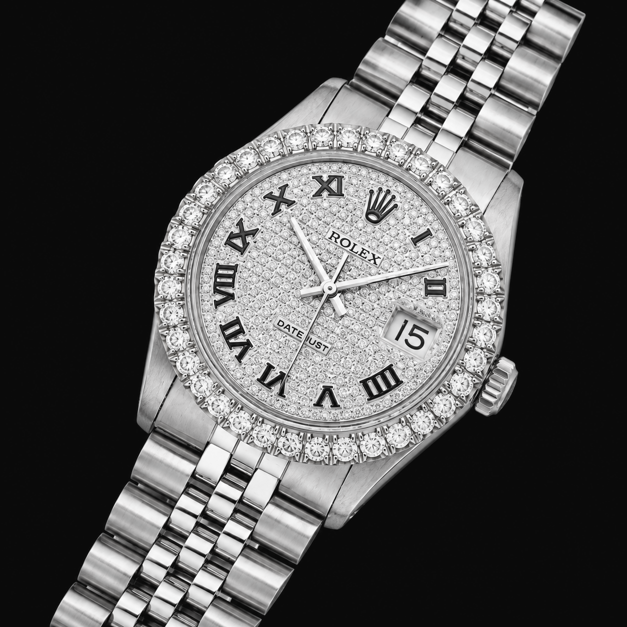 Rolex Datejust 16014 36mm Paved Diamond Roman Dial Stainless Steel