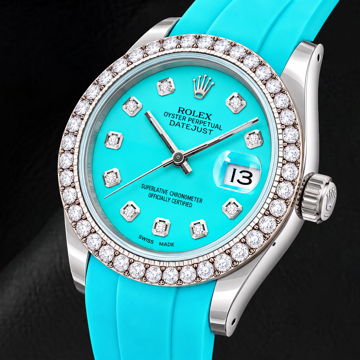 Rolex Datejust 16014 36mm Turquoise Diamond Dial Blue Rubber Strap Watch