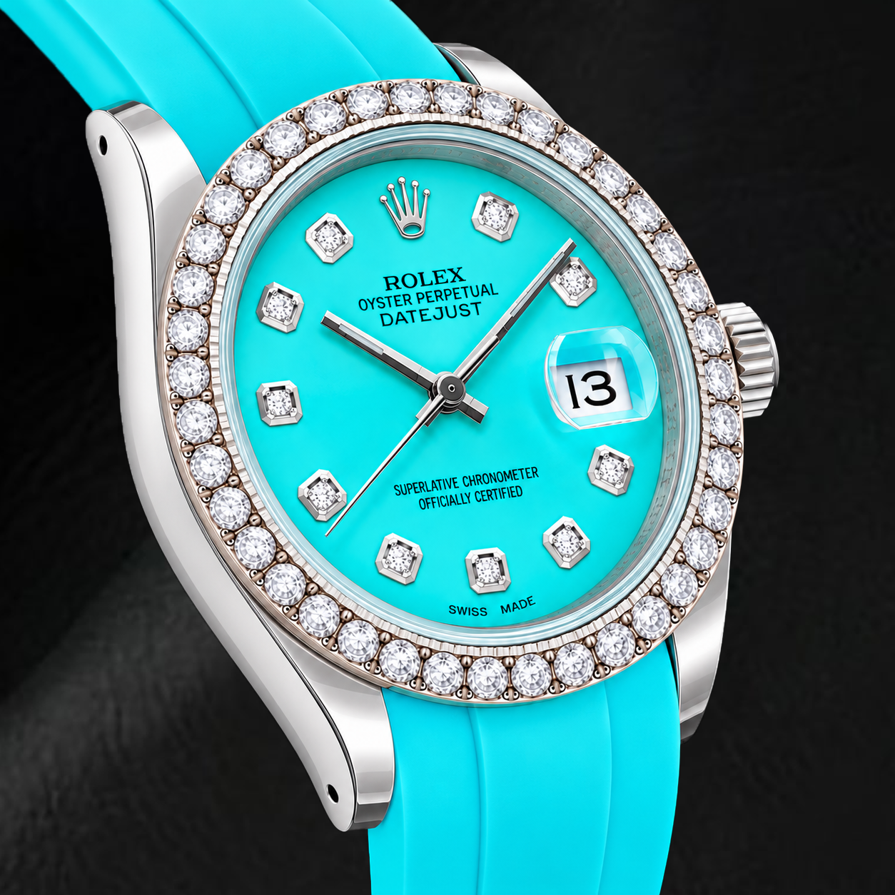 Rolex Datejust 16014 36mm Turquoise Diamond Dial Blue Rubber Strap Watch