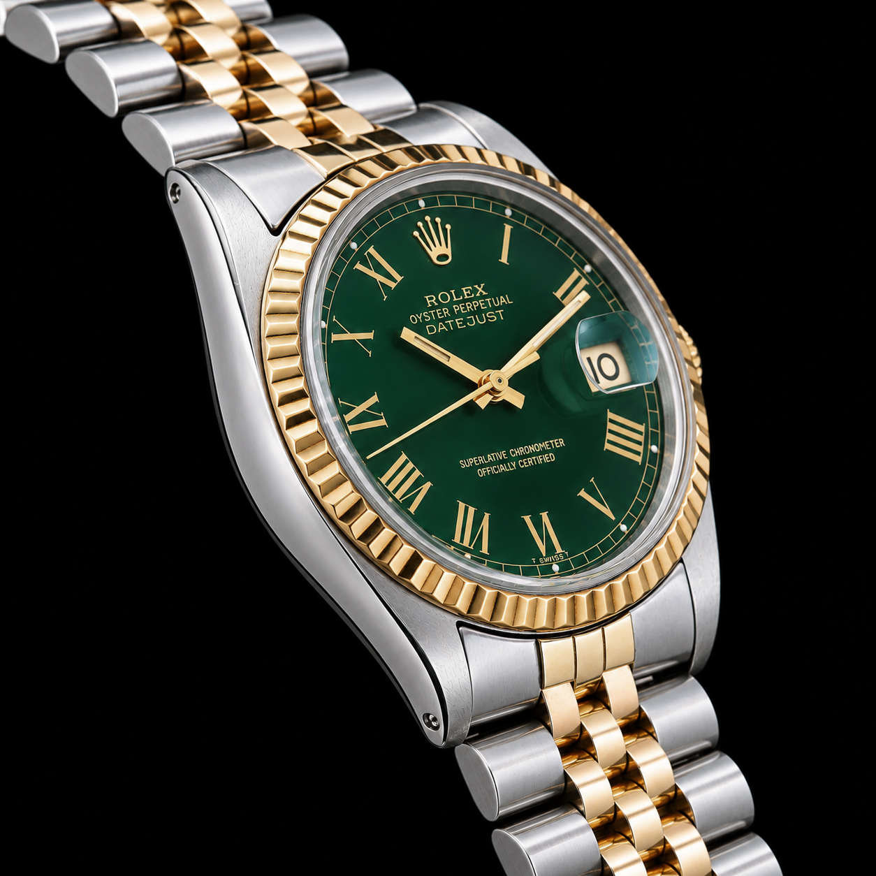 Rolex Datejust 1601 36mm Green Roman Dial Two Tone Watch