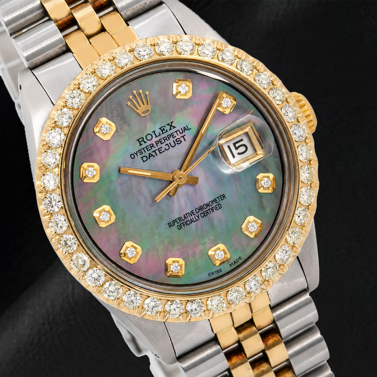 Rolex Datejust 1601 36mm Black Mother Of Pearl Diamond Dial Two Tone Watch