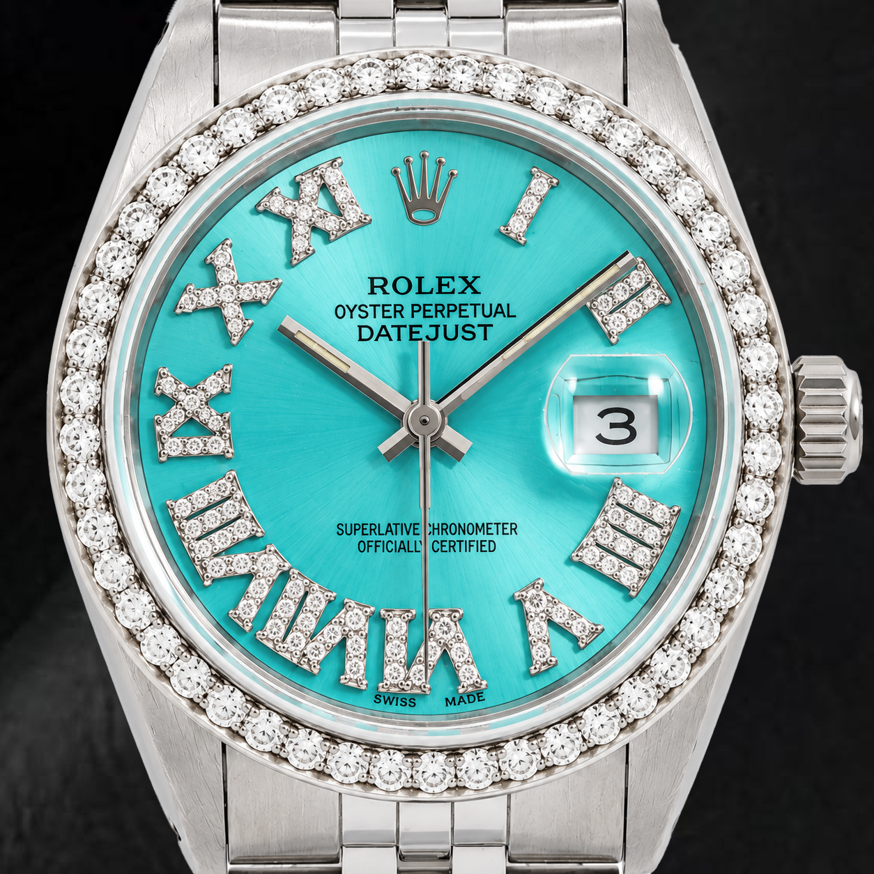 Rolex Datejust 1601 36mm Turquoise Roman Diamond Dial Stainless Steel Watch