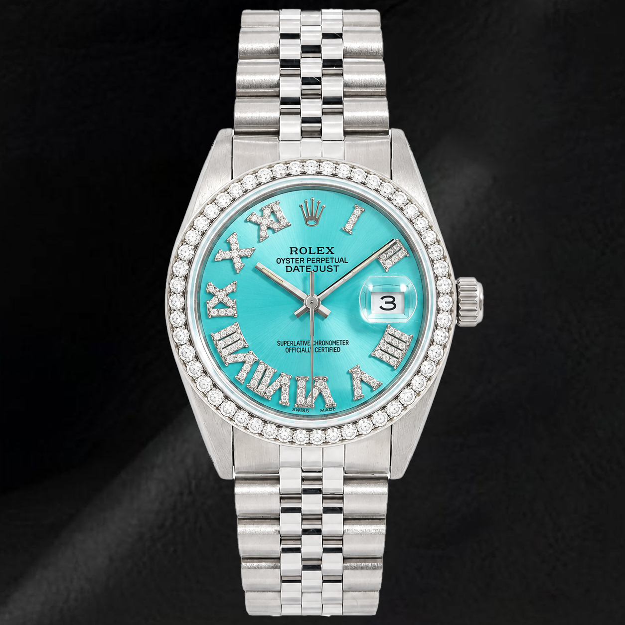 Rolex Datejust 1601 36mm Turquoise Roman Diamond Dial Stainless Steel Watch