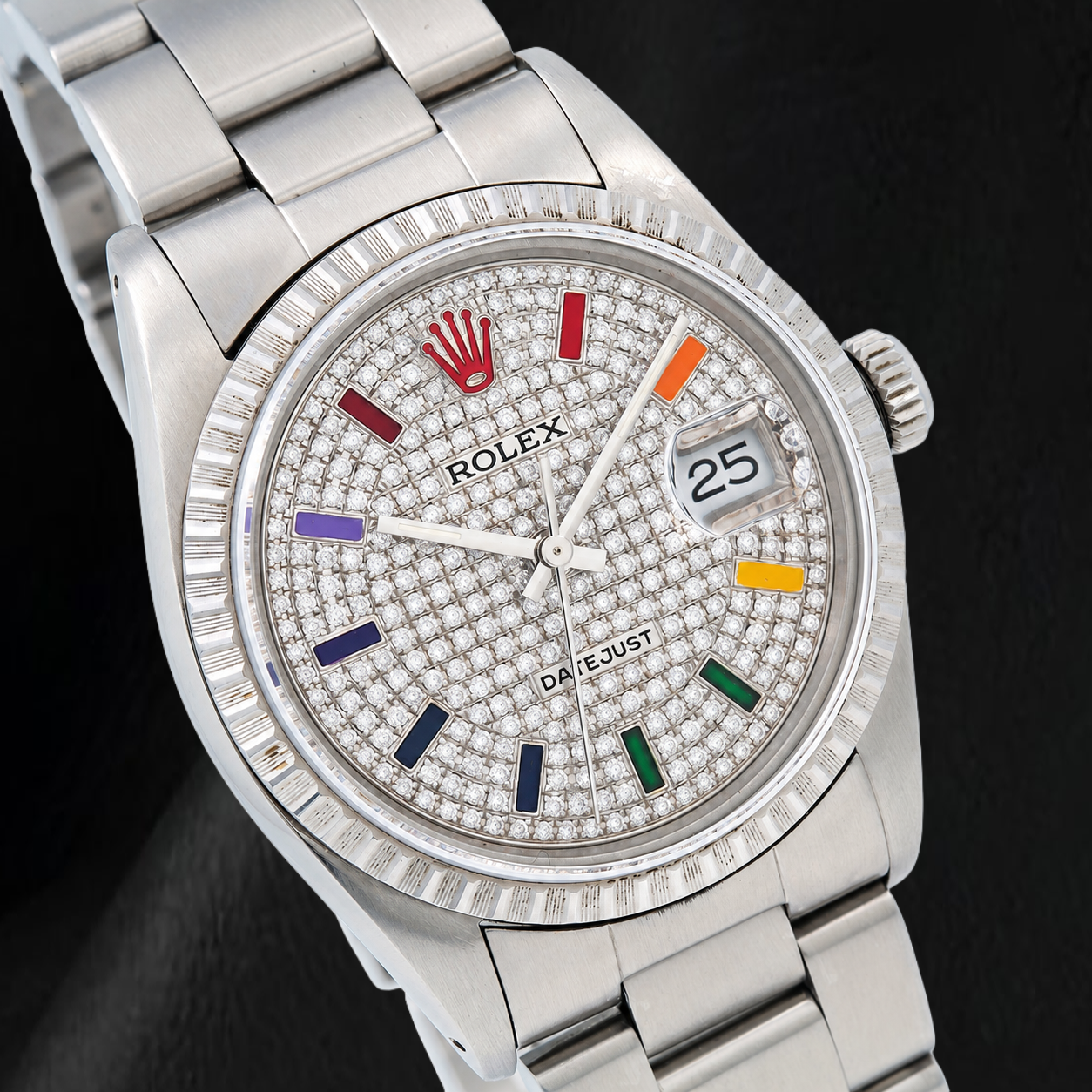 Rolex Datejust 16200 36mm Rainbow Paved Diamond Dial Stainless Steel Watch