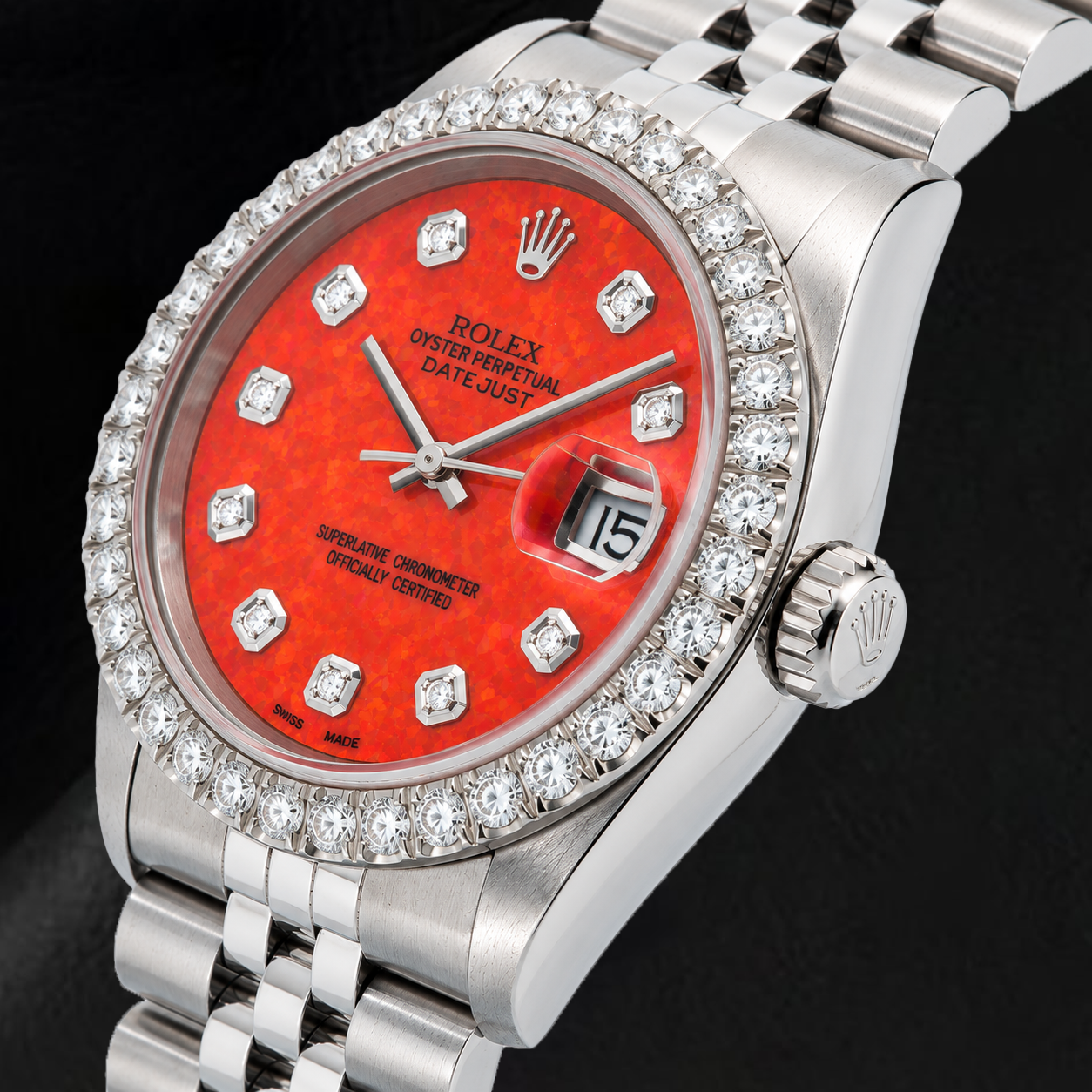 Rolex Datejust 16200 36mm Red Diamond Dial Stainless Steel Watch