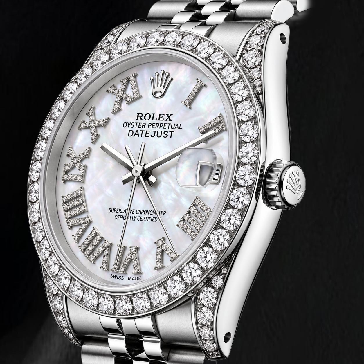 Rolex Datejust 16200 36mm White Mother of Pearl Roman Diamond Dial Stainless Steel Watch