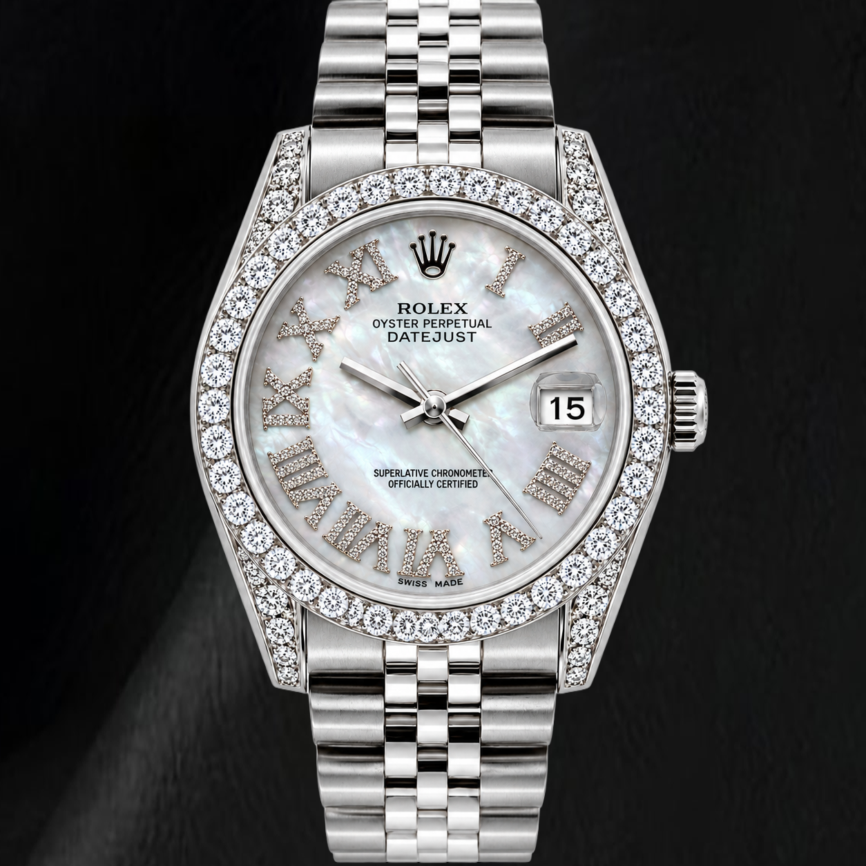 Rolex Datejust 16200 36mm White Mother of Pearl Roman Diamond Dial Stainless Steel Watch