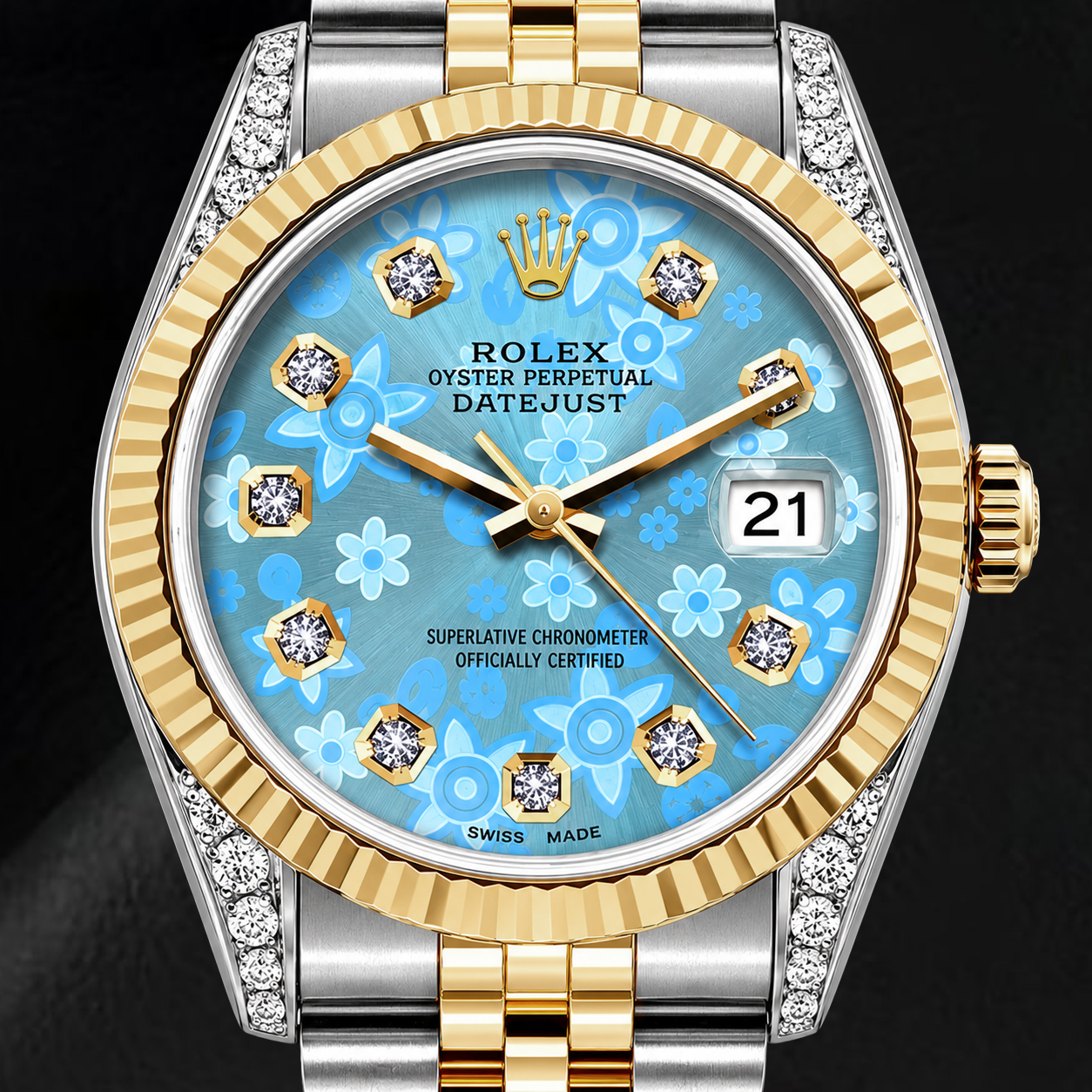 Rolex Datejust 16233 36mm Ice Blue Floral Diamond Dial Two Tone Watch