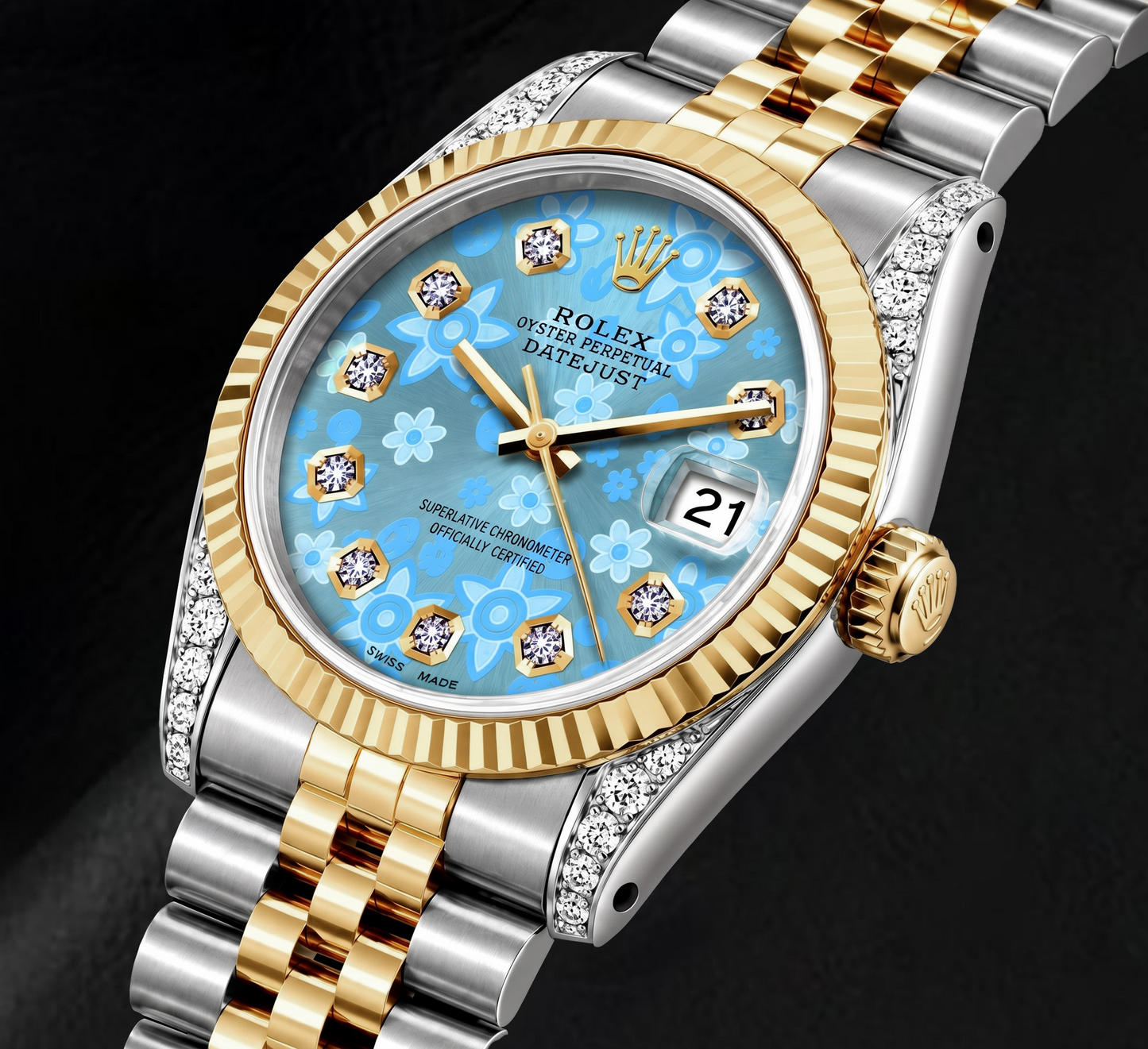 Rolex Datejust 16233 36mm Ice Blue Floral Diamond Dial Two Tone Watch