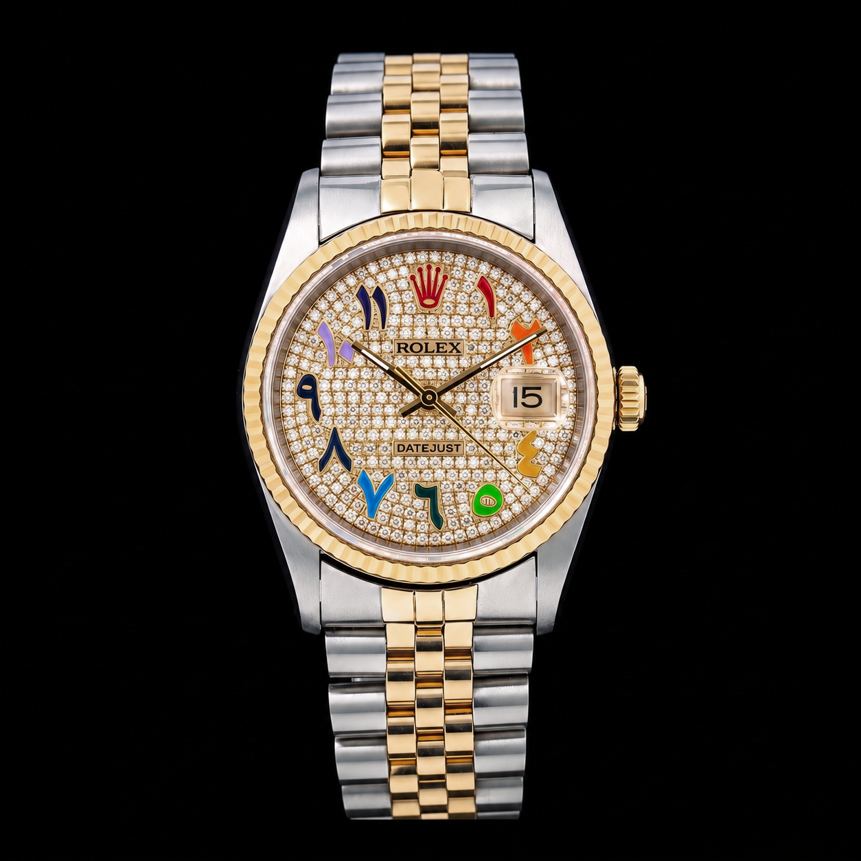 Rolex Datejust 16233 36mm Rainbow Eastern Arabic Diamond Dial Two Tone Watch