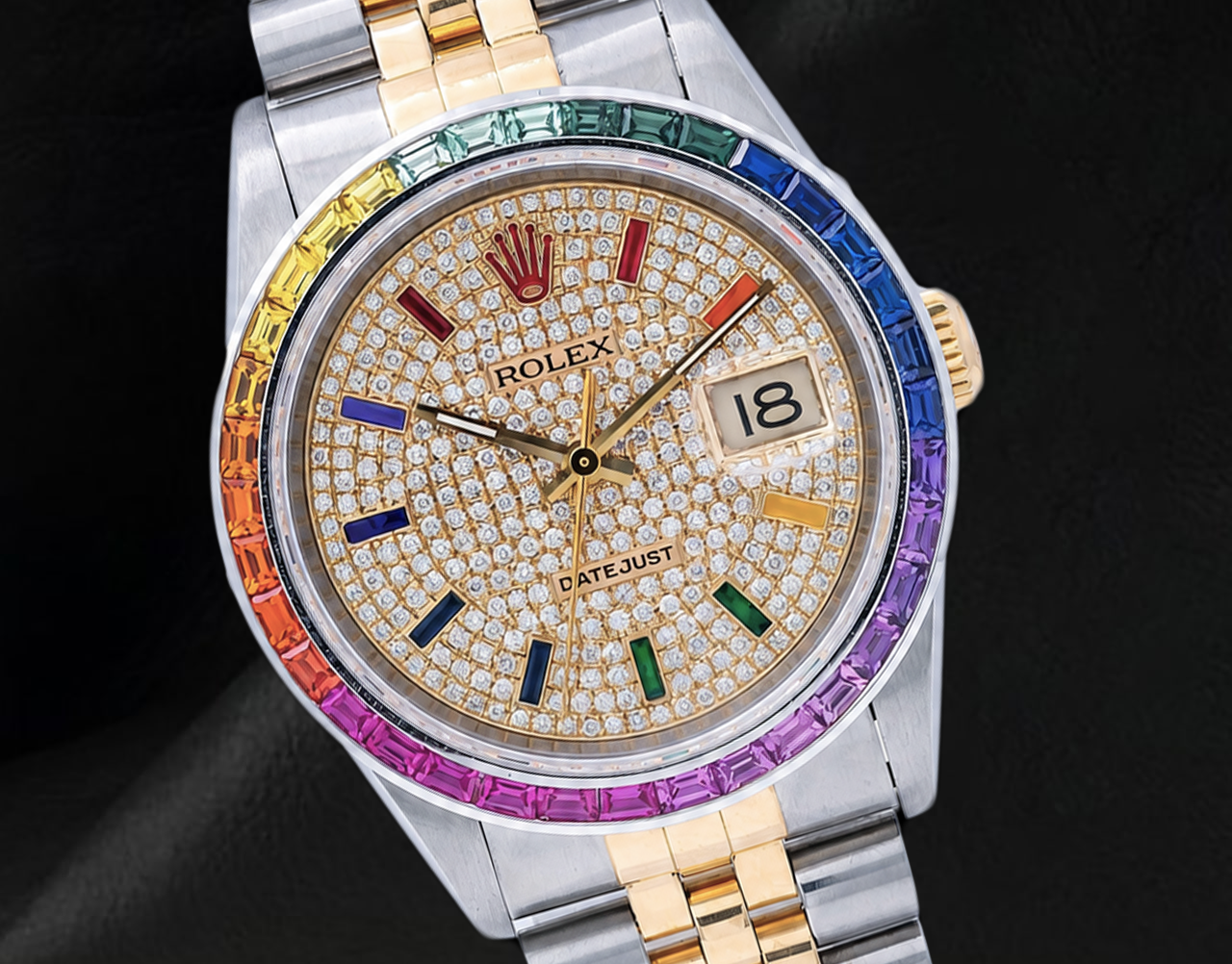 Rolex Datejust 36mm 16013  Diamond Paved Rainbow Hour Dial Two Tone Watch