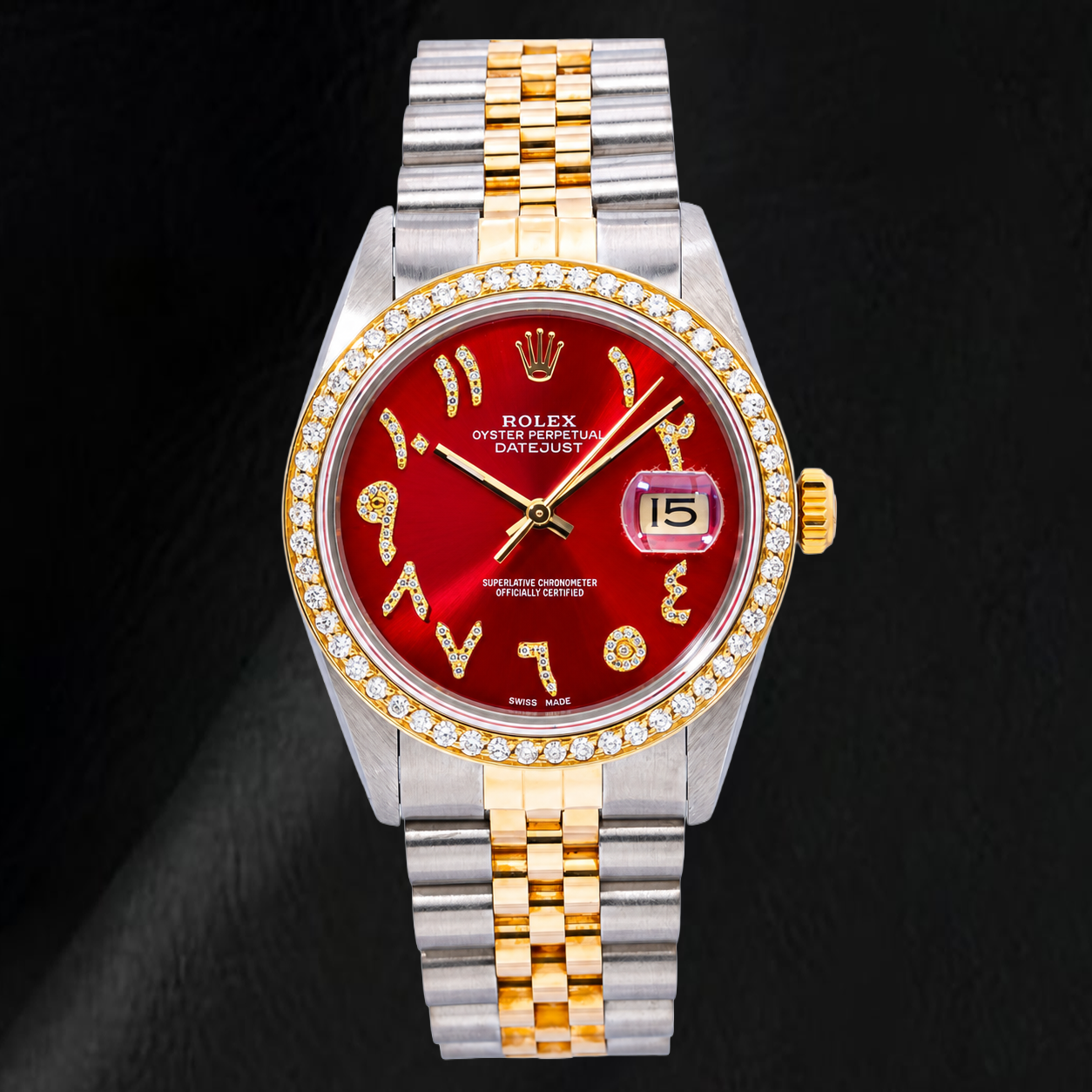 Rolex Datejust 36mm 16013 Red Arabic Diamond Dial Two Tone Watch