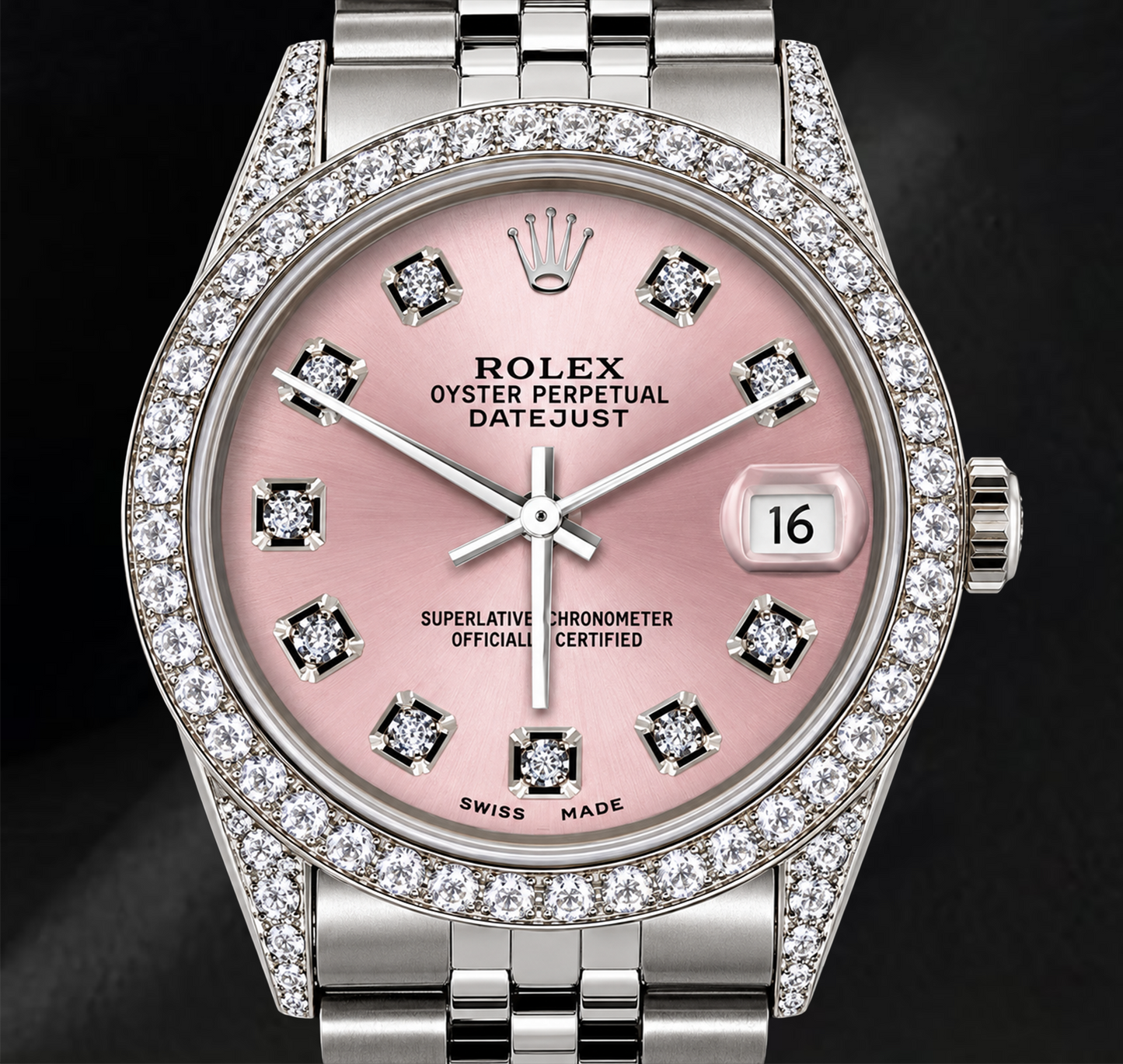 Rolex Datejust 36mm 16200 Pink Diamond Dial Diamond Bezel Stainless Steel Watch