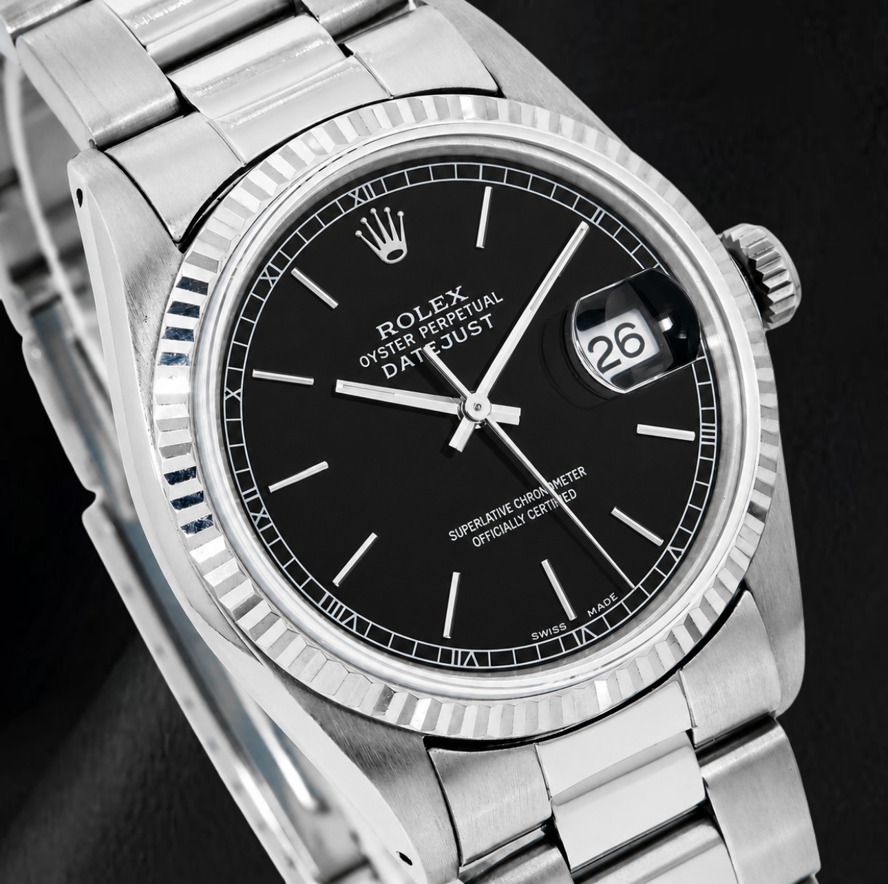 Rolex Datejust 36mm Black Stick Dial Oyster Bracelet Stainless Steel Watch