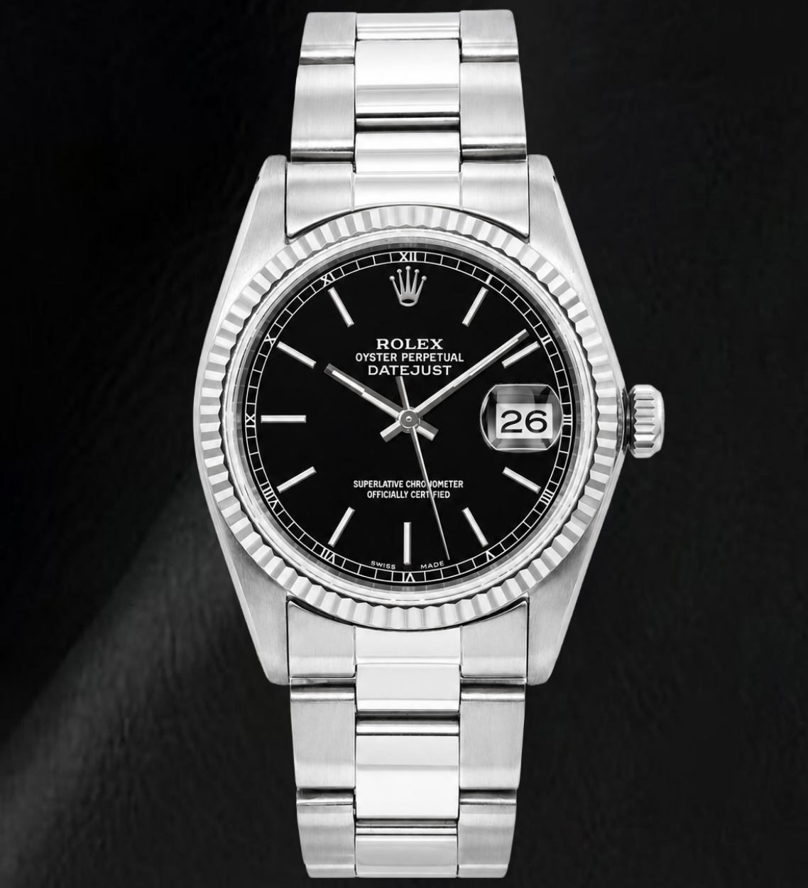 Rolex Datejust 36mm Black Stick Dial Oyster Bracelet Stainless Steel Watch