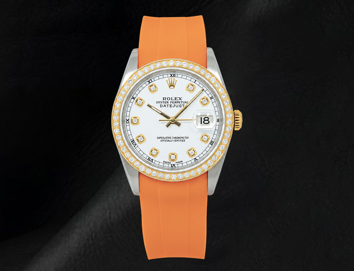 Rolex Datejust 16013 36mm White Diamond Dial Orange Rubber Strap Watch