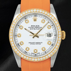 Rolex Datejust 16013 36mm White Diamond Dial Orange Rubber Strap Watch
