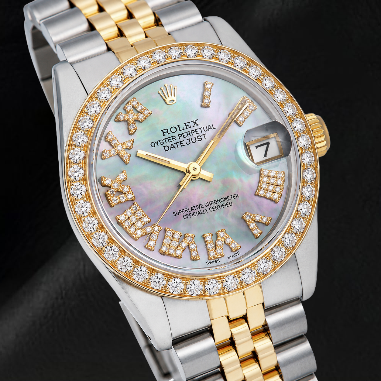 Rolex Datejust 6824 31mm Black Mother of Pearl Roman Diamond Dial Two Tone Jubilee Bracelet