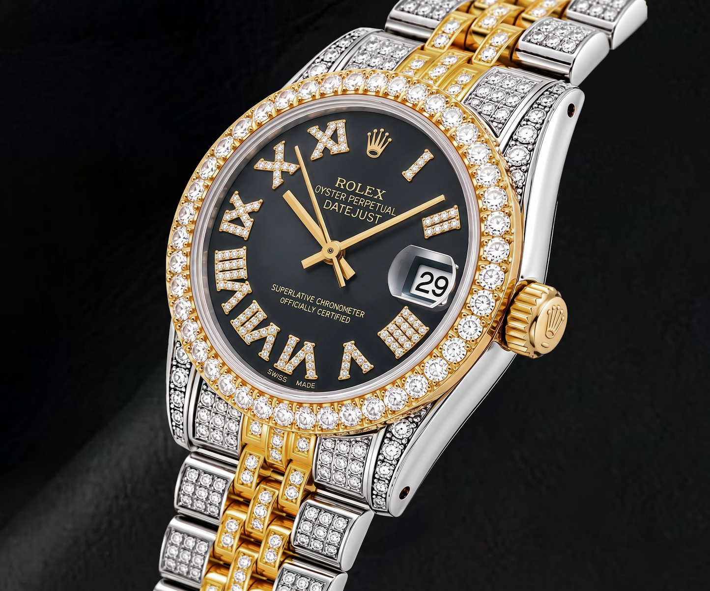 Rolex Datejust 68273 31mm Black Roman Diamond Dial Two Tone Watch