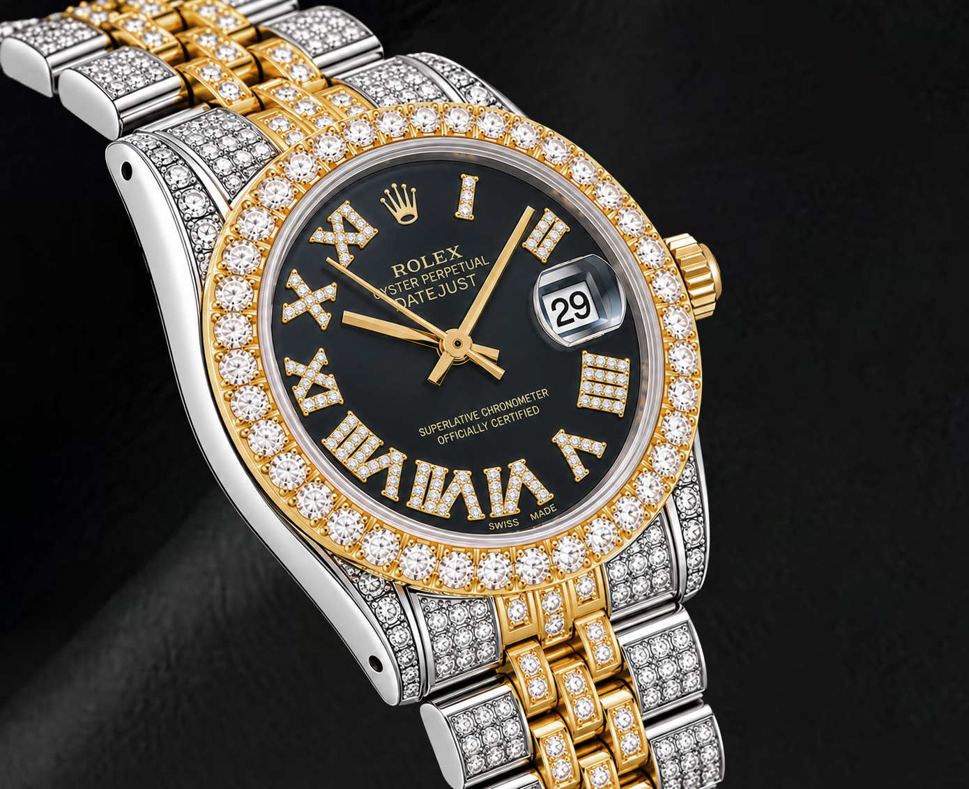 Rolex Datejust 68273 31mm Black Roman Diamond Dial Two Tone Watch