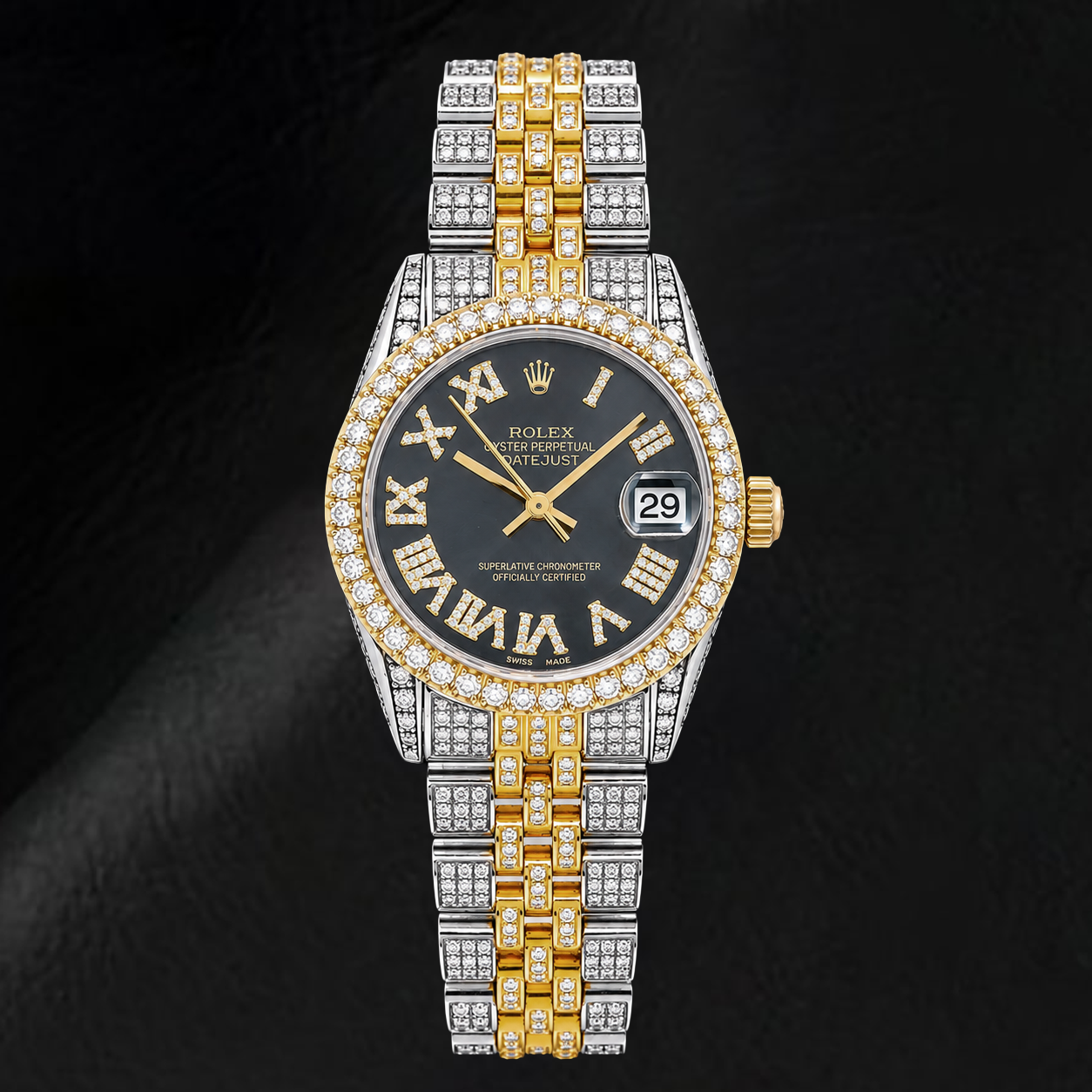 Rolex Datejust 68273 31mm Black Roman Diamond Dial Two Tone Watch
