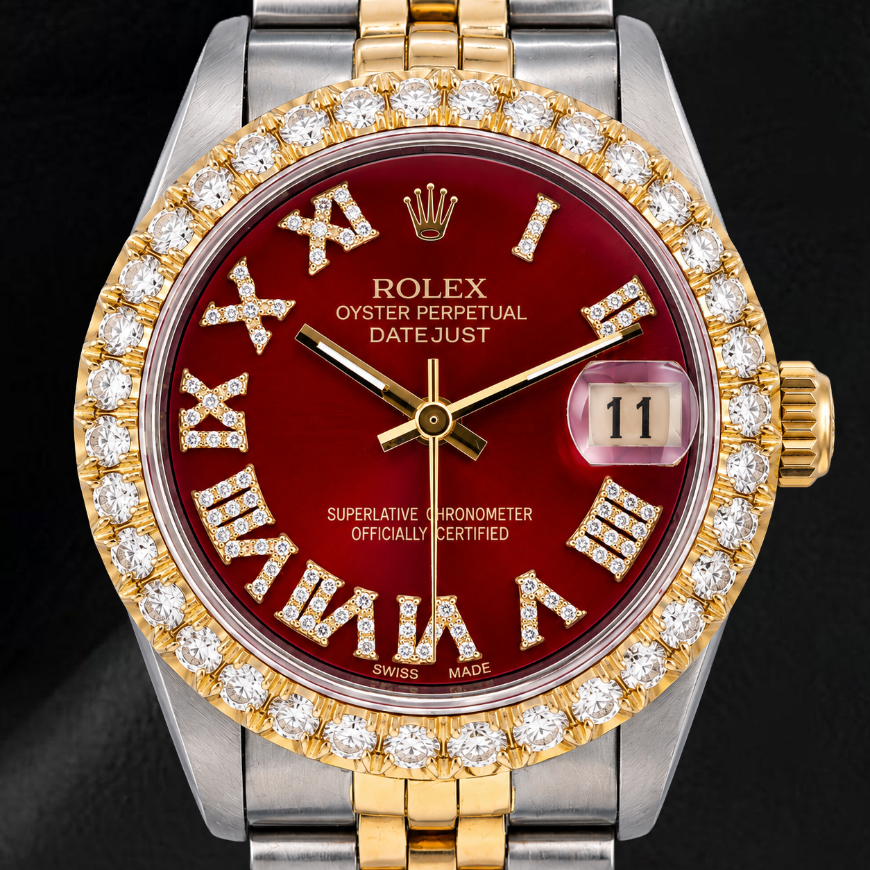 Rolex Datejust 68273 31mm Red Roman Diamond Dial Two Tone Jubilee Bracelet Watch