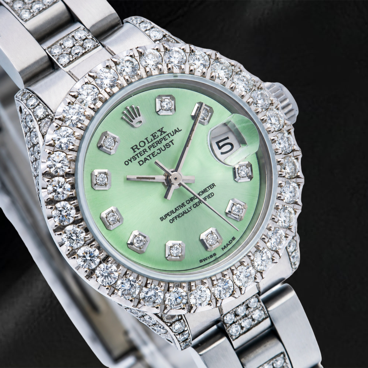 Rolex Datejust 69160 26mm Green Diamond Dial Stainless Steel Semi Diamonds Oyster Bracelet Watch