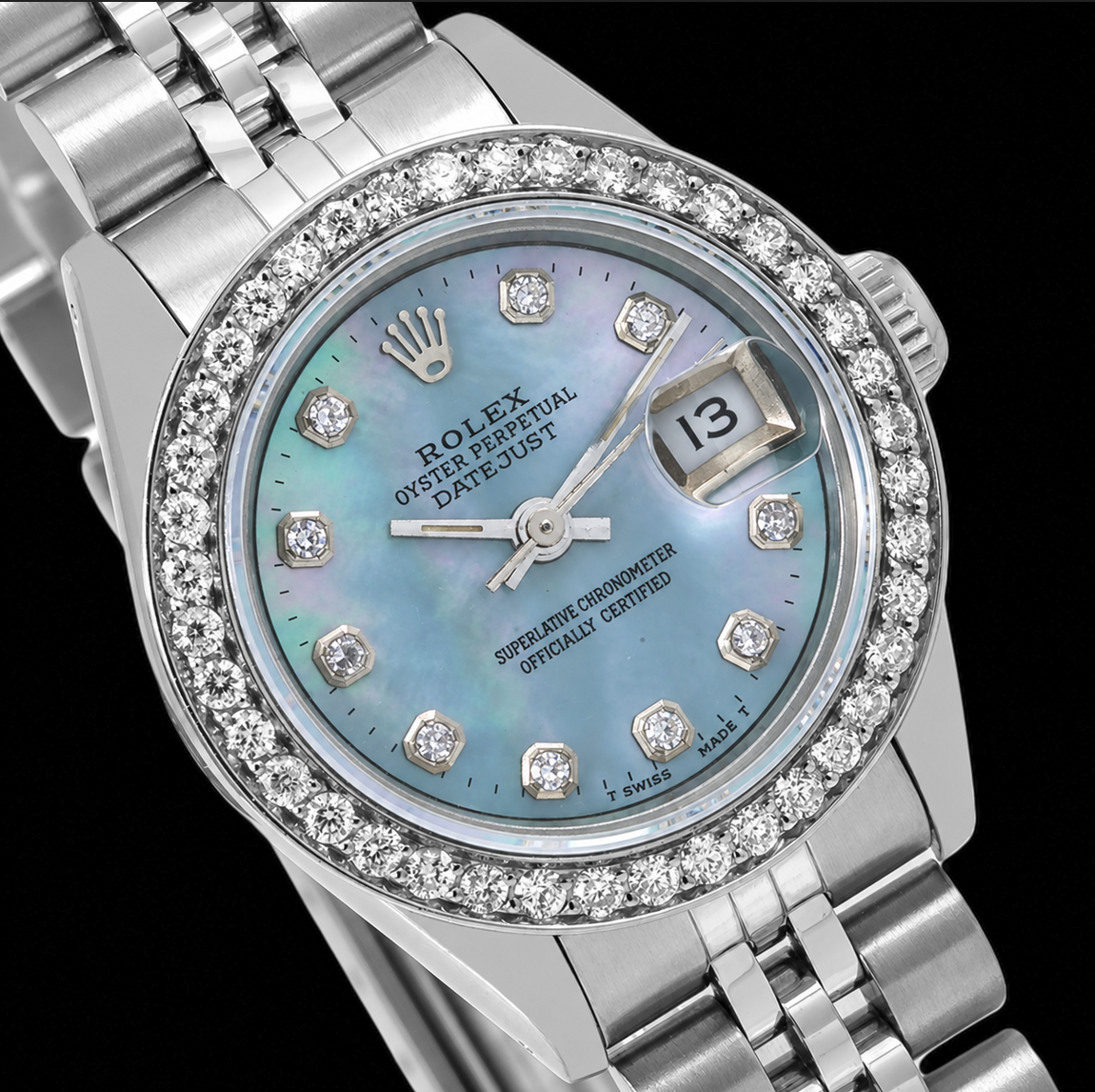 Rolex Datejust 6916 26mm Blue Mother of Pearl Diamond Dial Stainless Steel Watch