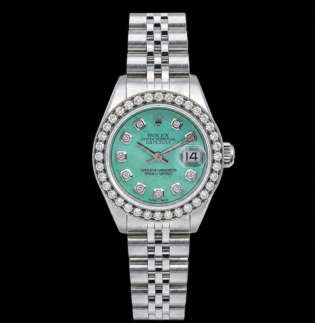 Rolex Datejust 6916 26mm Turquoise Mother of Pearl Diamond Dial Stainless Steel Watch