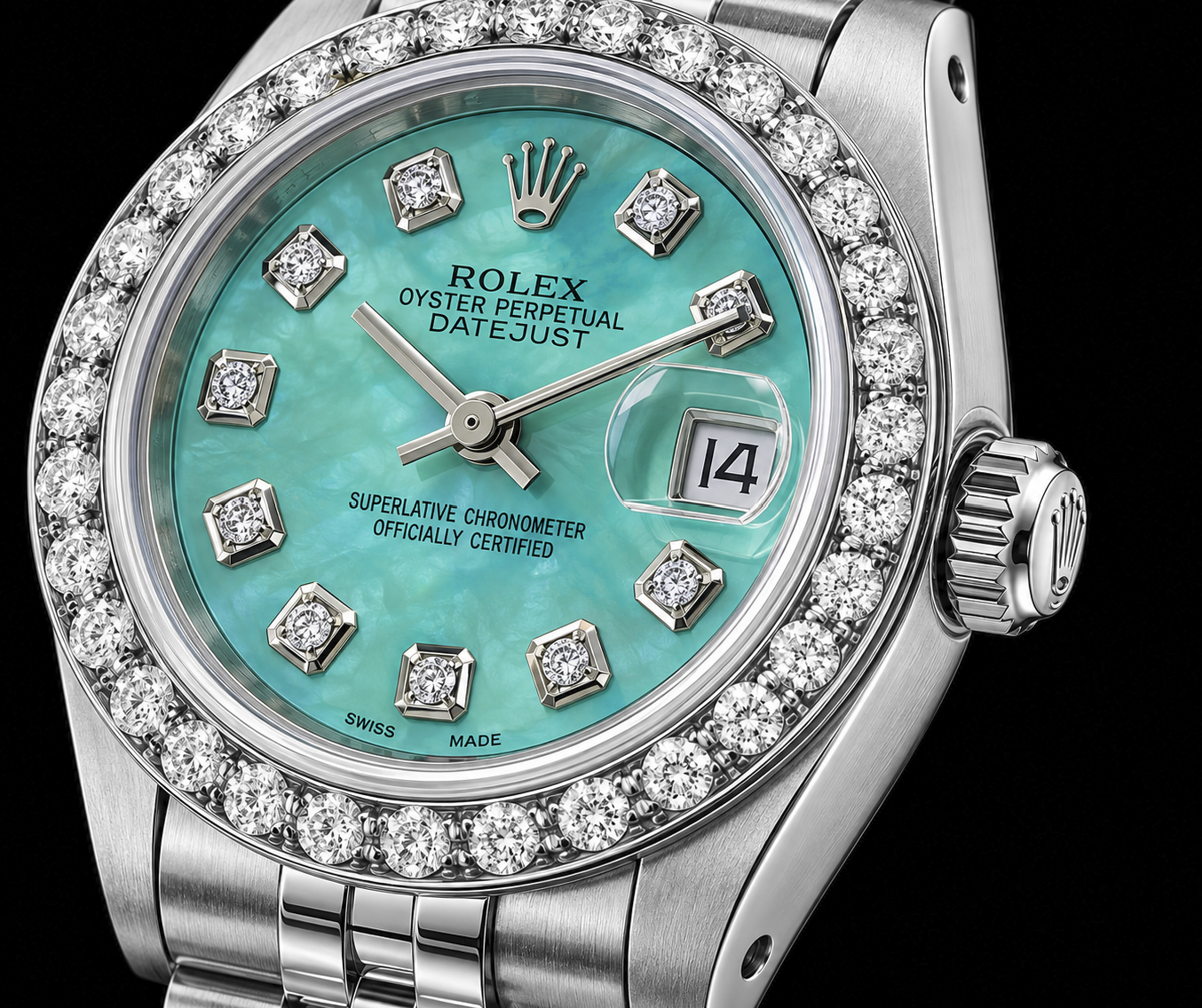 Rolex Datejust 6916 26mm Turquoise Mother of Pearl Diamond Dial Stainless Steel Watch