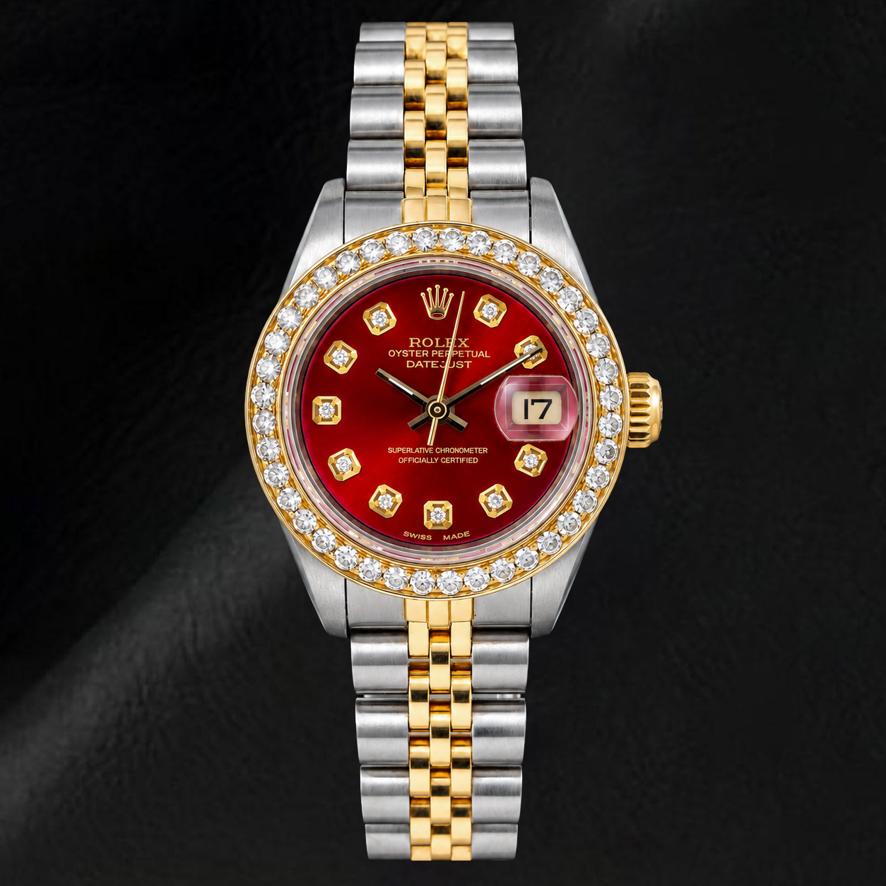 Rolex Datejust 69173 26mm Red Diamond Dial Two Tone Jubilee Bracelet Watch